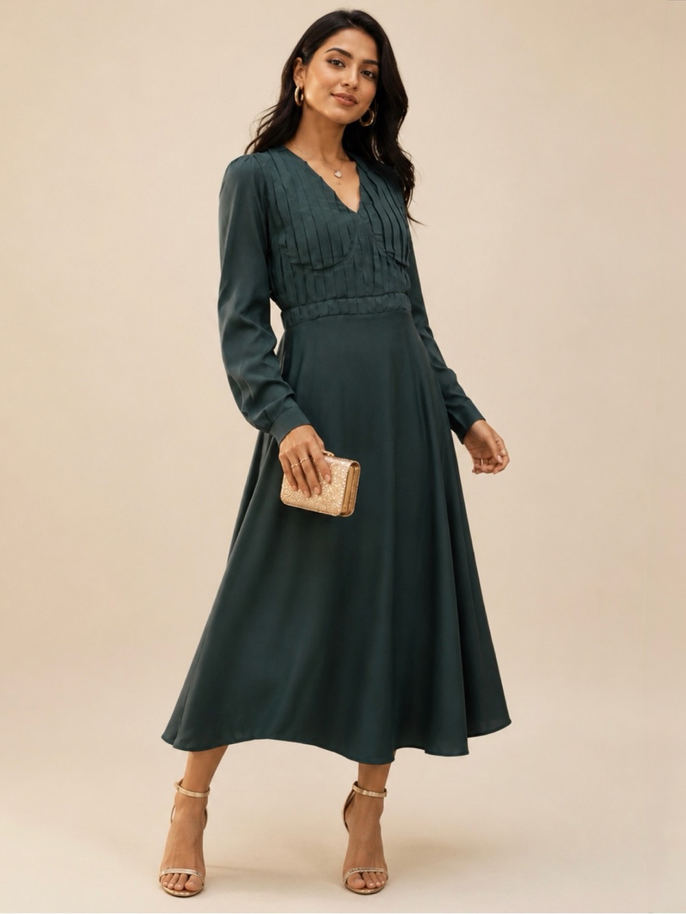 NWT Bohme Pleated Bodice Long Sleeve Midi Dress Teal Size Medium